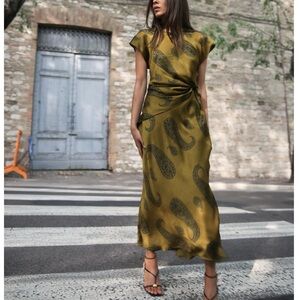 Zara Olive Green Paisley Midi Dress